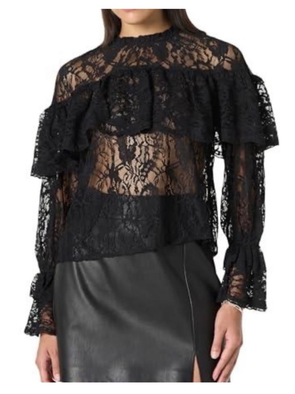 The Drop Lace Ruffle Miriam High Neck Blouse Black Size XXL Long Sleeve